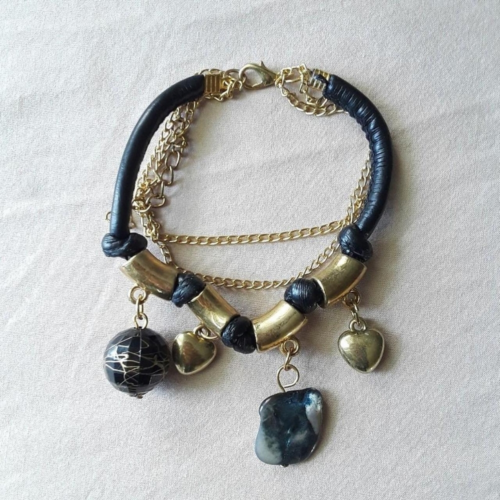Black Leather Gold Trinket Charm Bracelet